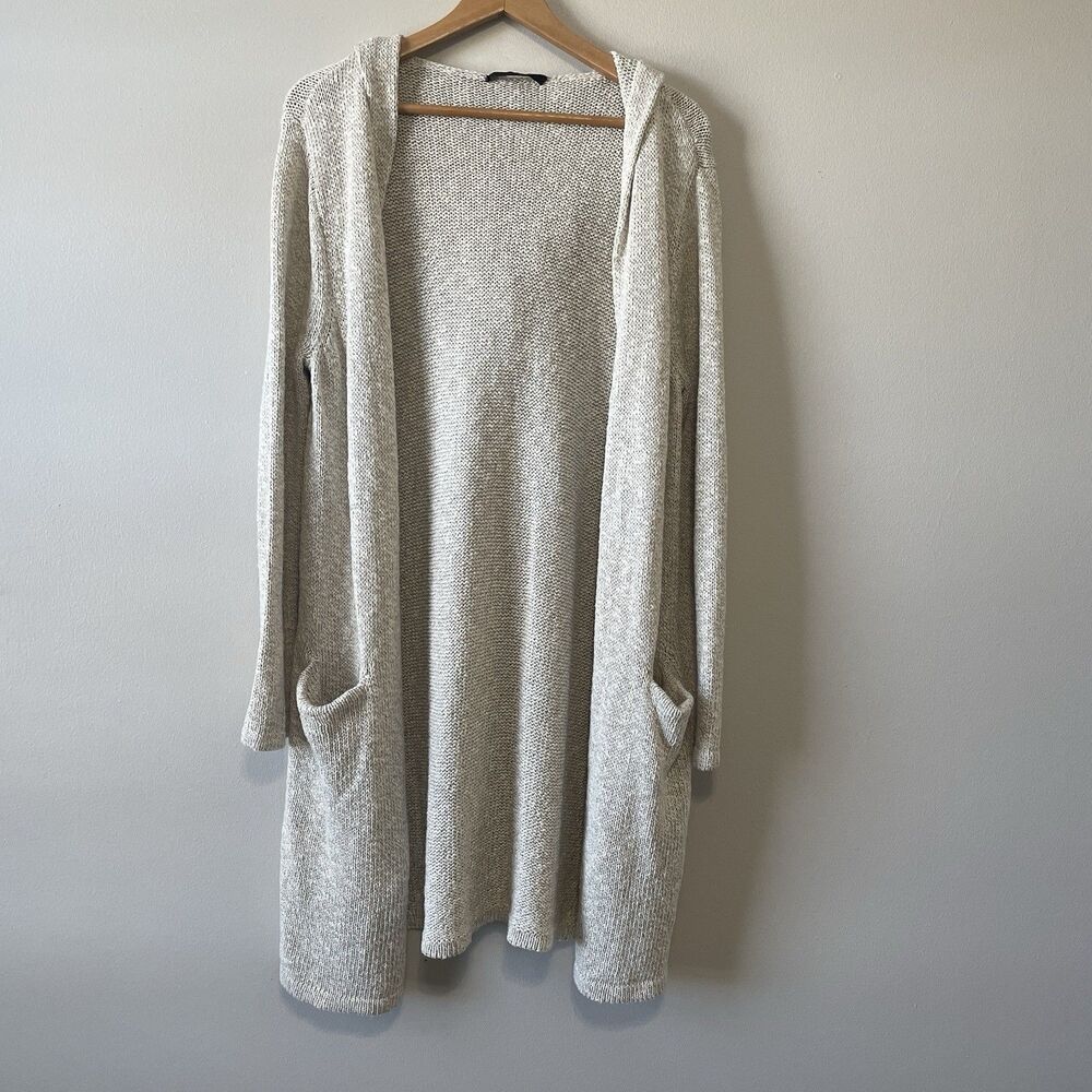 Jenni Kayne Oatmeal Cotton Linen Long Hooded Cardigan Sweater M Knit Designer